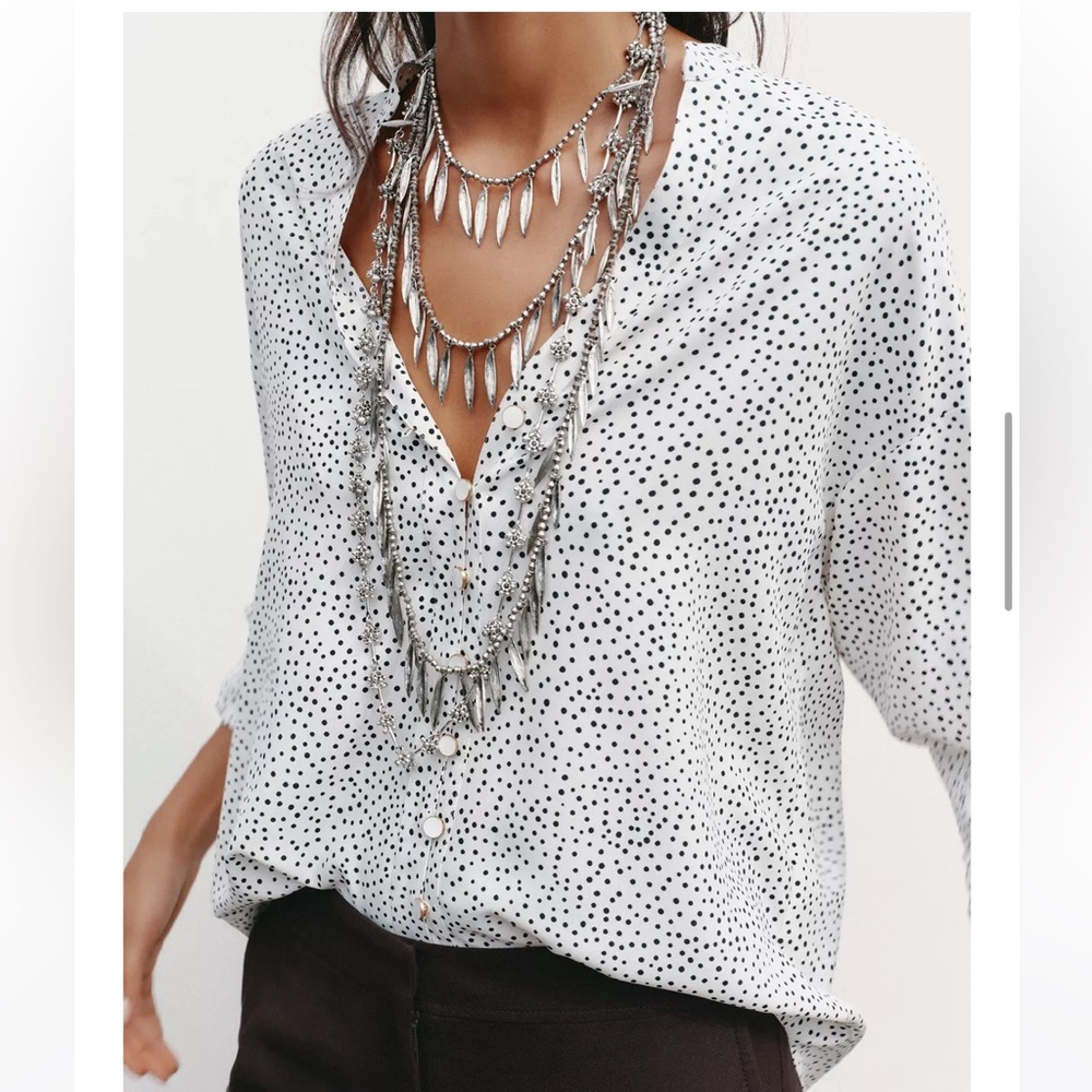 Zara Ecru/Black Polka Dot Tab Sleeve Shirt Size Large